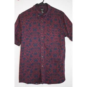Forever 21 Short Sleeve Button Up Dark‎ Blue and Red Patterned Men's Shirt Large